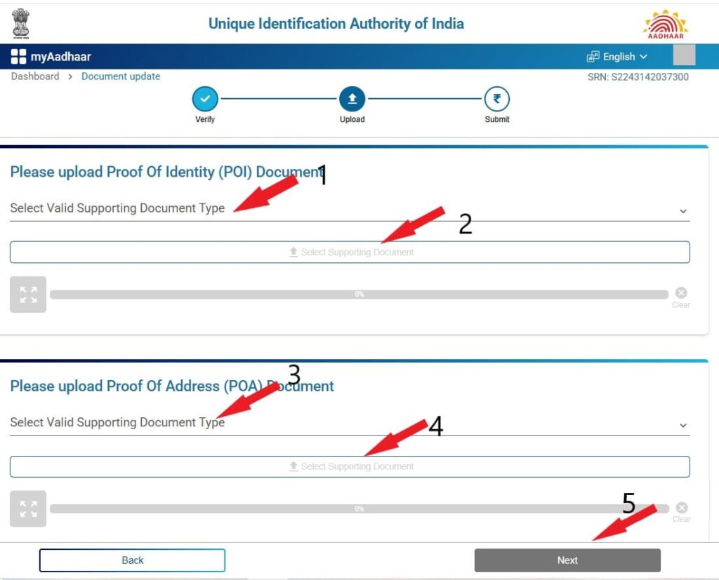 Upload POI and POA documents for Aadhaar document update online in Telugu
