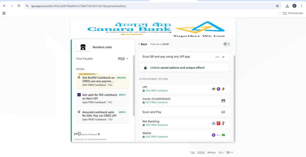online payment page showing fee