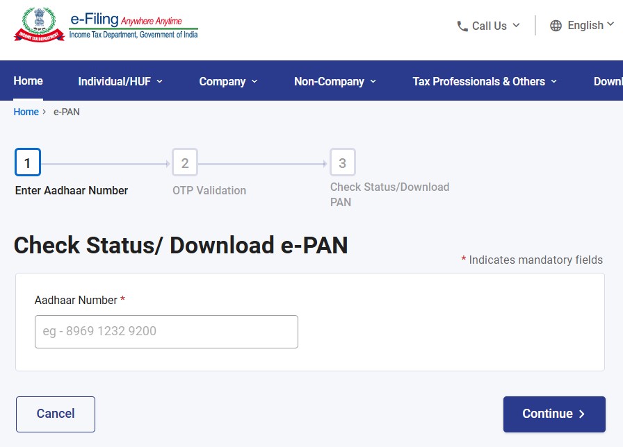 Check current status of new e-PAN request on Income Tax e-Filing portal