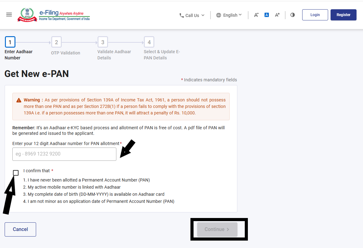 Entering Aadhaar number for e-PAN generation on Income Tax e-Filing website