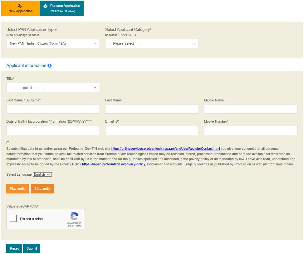 Protean ద్వారా Aadhaar ఆధారంగా PAN Card online registration page