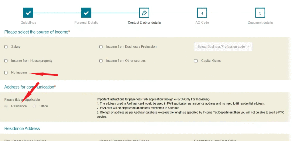 Protean PAN Card application contact details entry section