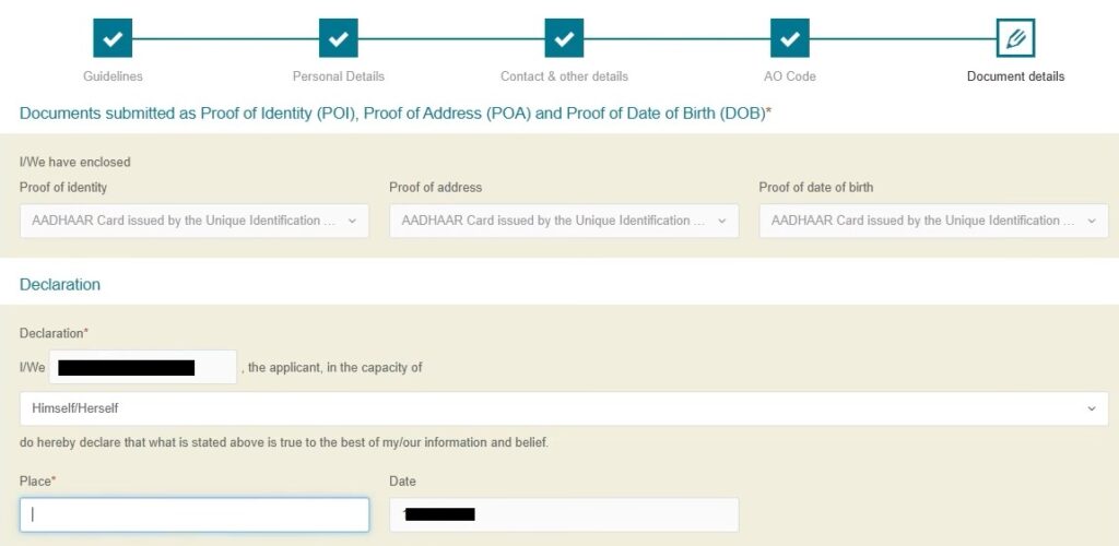 PAN Card application document details section in Protean portal