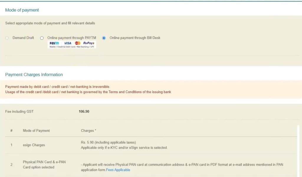 Online payment section for PAN Card application through Protean