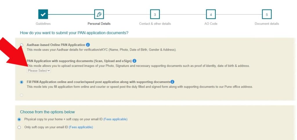Personal details entry for PAN card apply using scan upload and e-Sign supporting documents