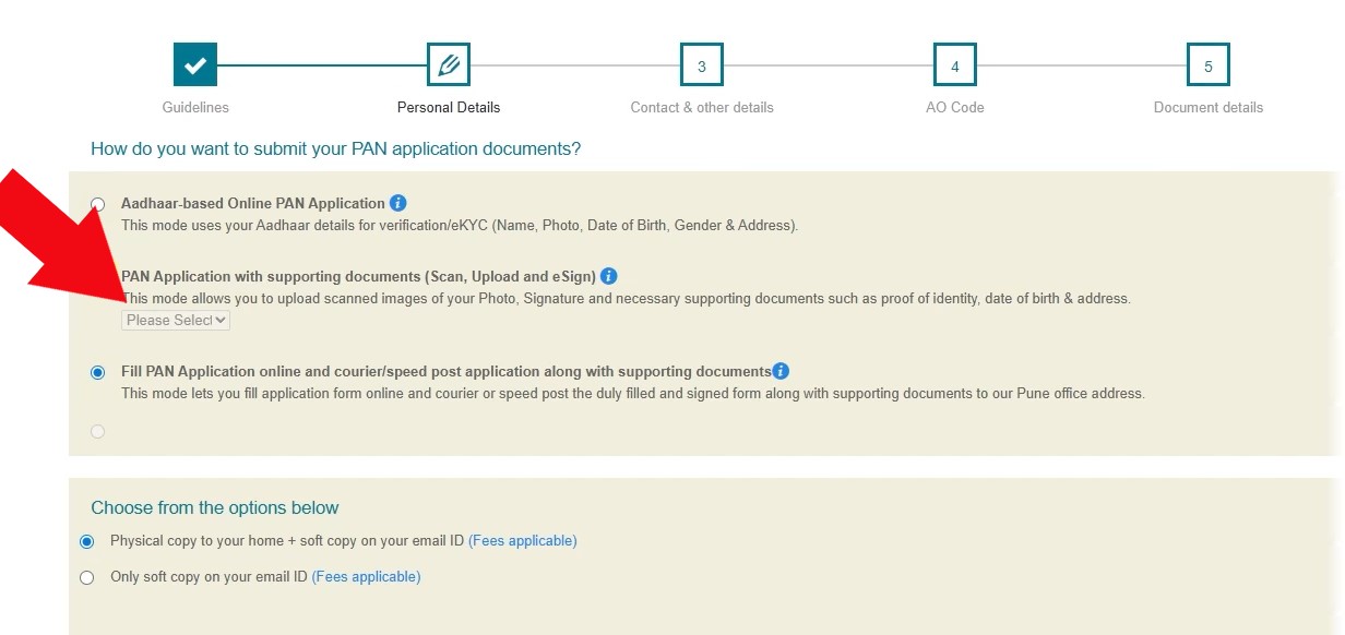 Personal details entry for PAN card apply using scan upload and e-Sign supporting documents