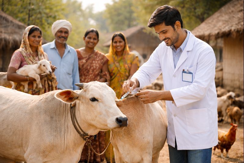 Animal Husbandry Assistant (AHA) vaccinating a cow in a village with farmers and livestock