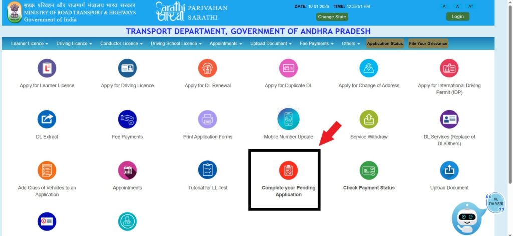 LLR Apply Complete your Pending Appliation