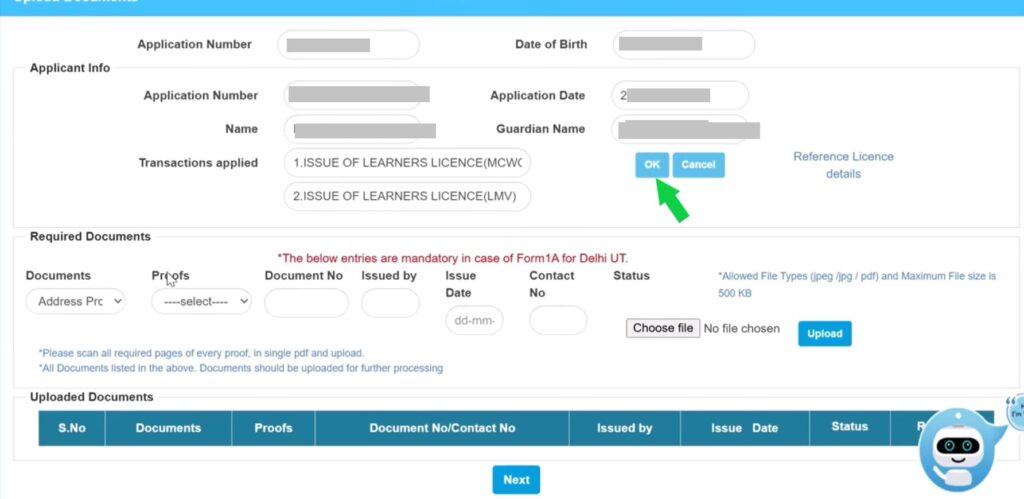 Learner Licence Apply Online లో Address Proof డాక్యుమెంట్ అప్లోడ్ చేసే పేజీ