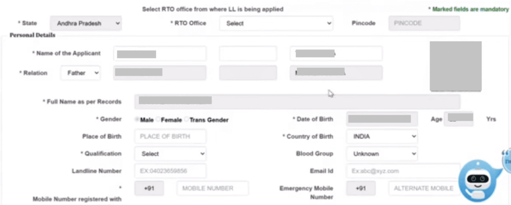 learner Licence Apply Online లో వ్యక్తిగత వివరాలు నమోదు చేసే ఫారం