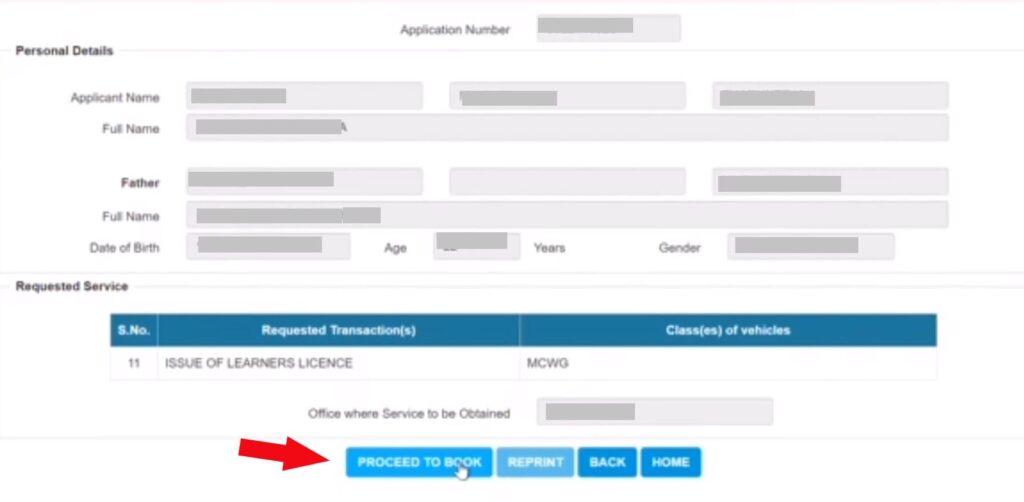 Sarathi Parivahan పేజీలో LLR Slot Booking ఎంపిక