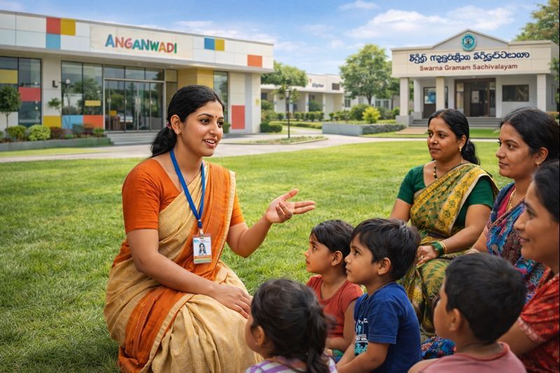 Mahila Samrakshana Karyadarshi (MSK) interacting with women and children at a modern Anganwadi centre under Swarna Gramam in Andhra Pradesh