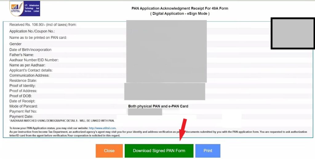 UTI PAN Card Apply Online acknowledgment receipt డౌన్లోడ్ చేసిన స్క్రీన్