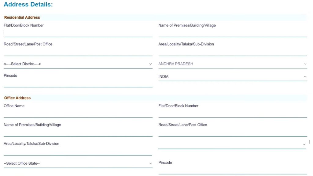 UTI PAN అప్లికేషన్లో నివాస చిరునామా వివరాలు నమోదు చేసే స్క్రీన్