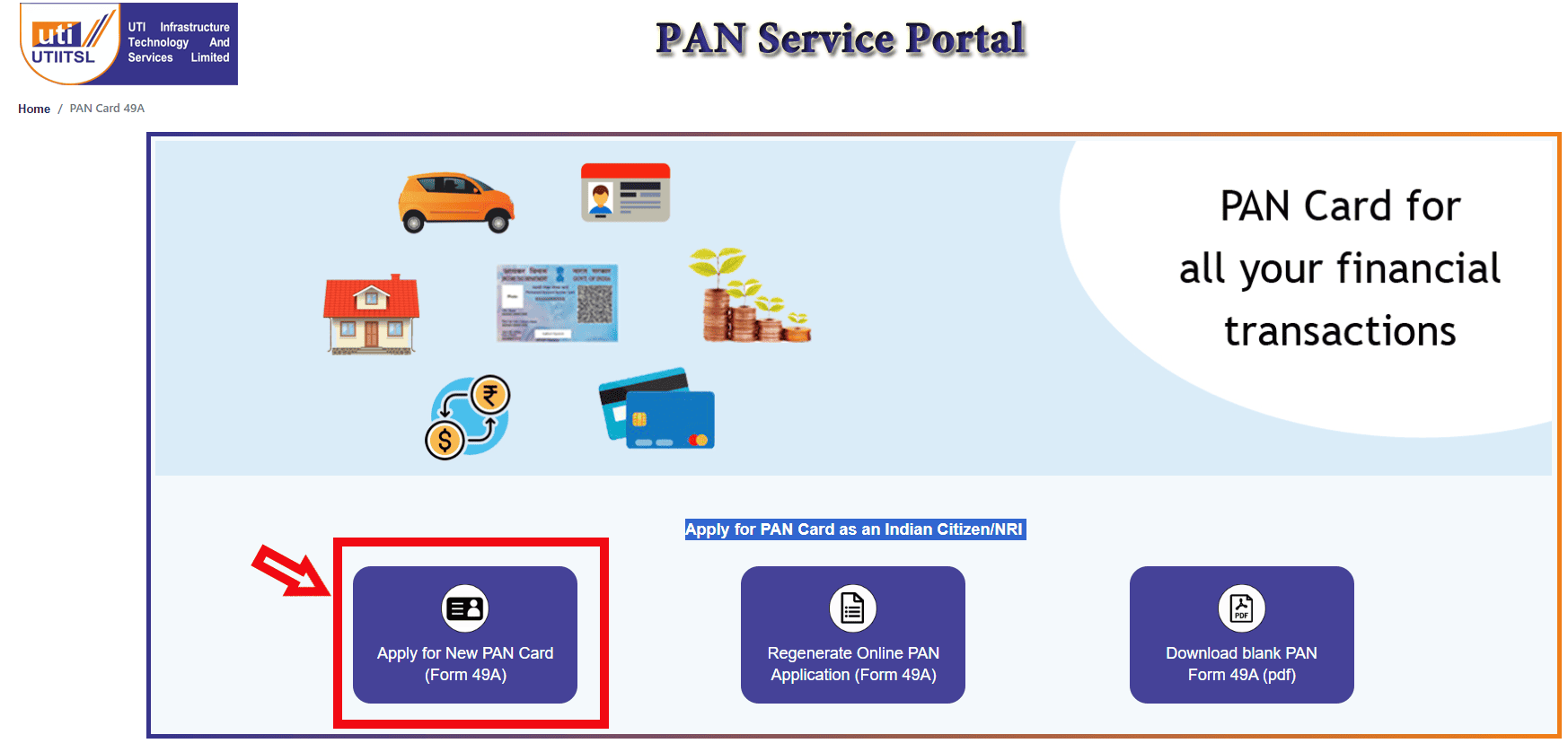 UTI PAN Card Apply Online కోసం అధికారిక పోర్టల్ ఓపెన్ చేసిన స్క్రీన్