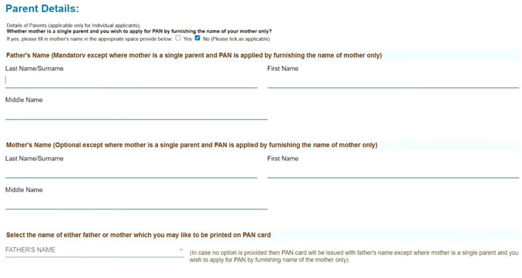 UTI PAN Card Apply Online సమయంలో తండ్రి లేదా తల్లి వివరాలు నమోదు చేసే విధానం
