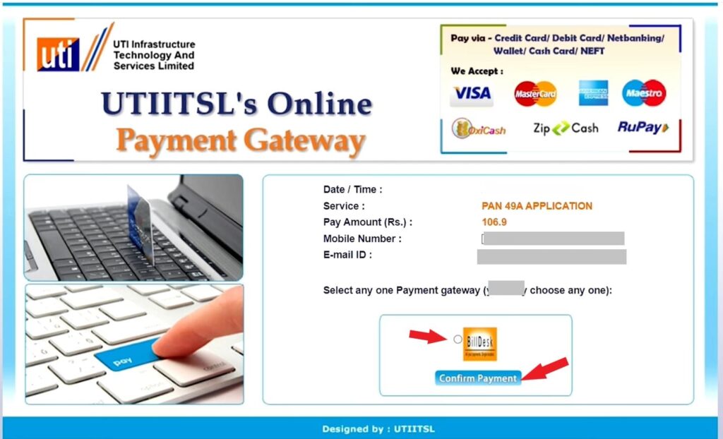 UTI PAN Card Apply Online పేమెంట్ గేట్వే స్క్రీన్ – Debit Card, UPI, Net Banking ఎంపికలు