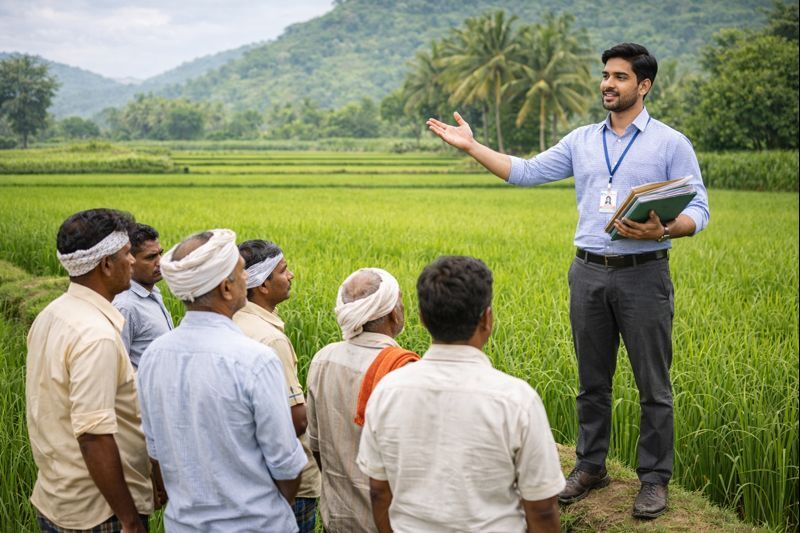 Village Revenue Officer (VRO) explaining land and crop-related instructions to village farmers in a paddy field in Andhra Pradesh