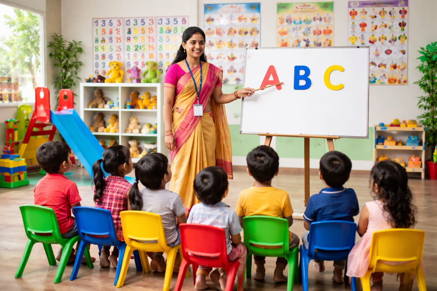 అంగన్వాడీ సేవలు – అంగన్వాడీ కేంద్రంలో చిన్న పిల్లలకు ప్రీ-స్కూల్ విద్య బోధిస్తున్న అంగన్వాడీ కార్యకర్త