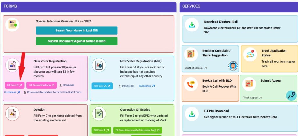 Selecting Form 6 for new voter ID registration in Andhra Pradesh