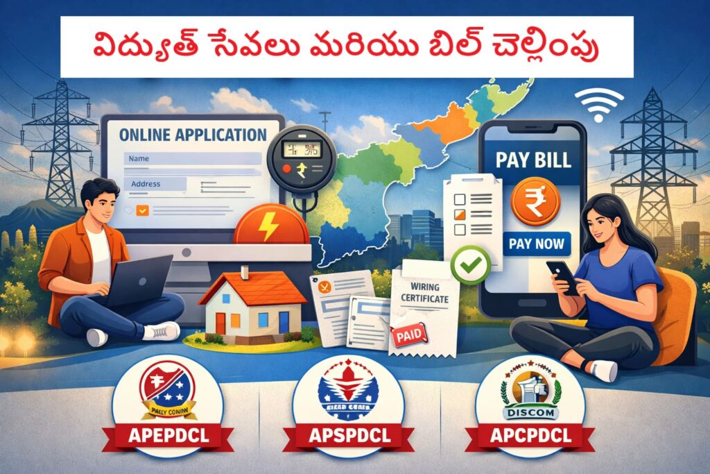 ఆన్‌లైన్ విద్యుత్ సేవలు – కొత్త మీటర్ అప్లికేషన్, బిల్ చెల్లింపు, వినియోగదారు వివరాల సవరణ, APEPDCL, APSPDCL, APCPDCL అధికారులు ద్వారా ఆన్‌లైన్ సేవలు
