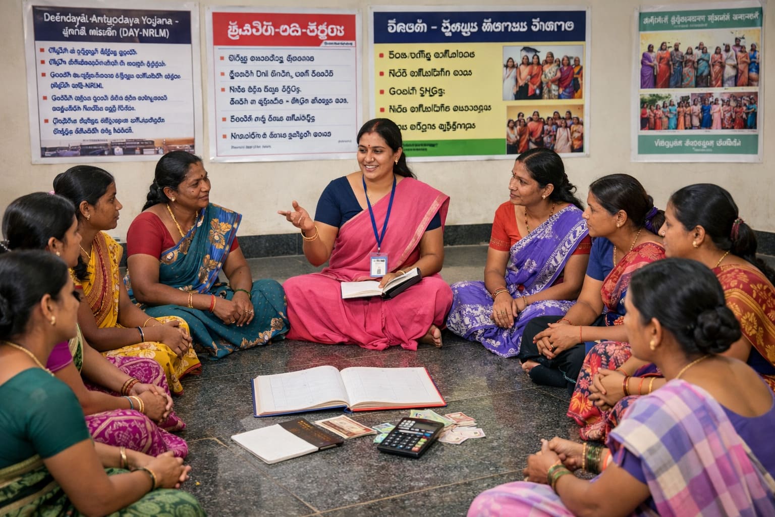 వెలుగు స్టాఫ్ SHG సమావేశంలో రుణాలపై చర్చ చేస్తున్న VOA, వృత్తాకారంగా కూర్చున్న మహిళలు