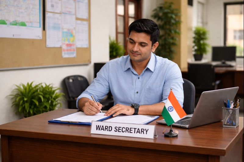 Ward Administrative Secretary (WAS) working at Swarna ward office desk handling official records in Andhra Pradesh