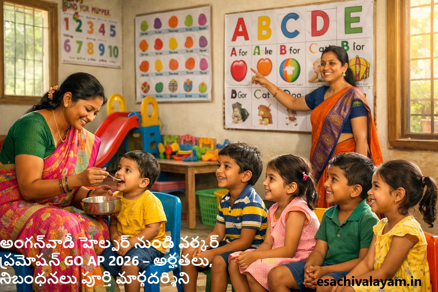 Anganwadi Helper feeding child and teacher teaching ABC chart in Anganwadi centre – AP Anganwadi Helper to Worker Promotion GO 2026
