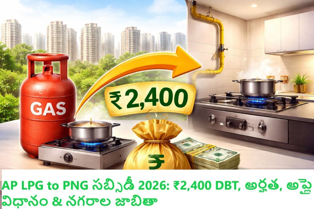 AP LPG to PNG Subsidy 2026 illustration showing LPG cylinder to PNG pipeline transition with ₹2400 DBT benefit in Andhra Pradesh