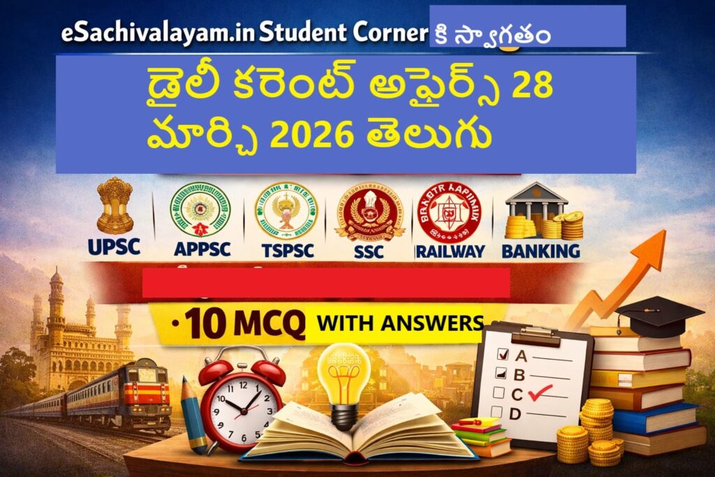 కరెంట్ అఫైర్స్ 28 మార్చి 2026 తెలుగు – UPSC, APPSC, TSPSC, SSC, Railway, Banking పరీక్షల కోసం 10 MCQలతో తాజా వార్తలు