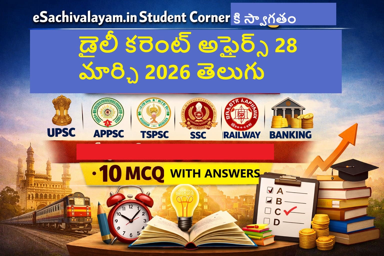 కరెంట్ అఫైర్స్ 28 మార్చి 2026 తెలుగు – UPSC, APPSC, TSPSC, SSC, Railway, Banking పరీక్షల కోసం 10 MCQలతో తాజా వార్తలు