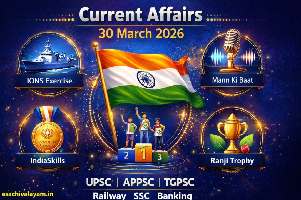 Current Affairs 30 March 2026 Telugu infographic with Indian flag, navy warship IONS exercise, IndiaSkills competition, Vigyan Puraskar medal, Ranji Trophy, Mann Ki Baat microphone and ethanol biofuel icons for UPSC APPSC TGPSC exams