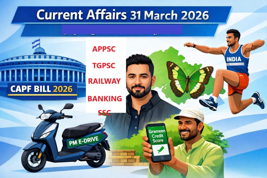 Current Affairs 31 March 2026 Telugu – CAPF Bill 2026, Balendra Shah Nepal politics, PM E-DRIVE electric scooter scheme, Grameen Credit Score farmer, Arunachal butterfly Euthalia, Indian decathlete sports news