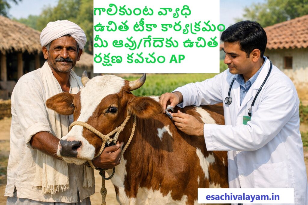 FMD vaccination program AP 2026 - Animal Husbandry Assistant vaccinating cattle in Andhra Pradesh village under NADCP scheme