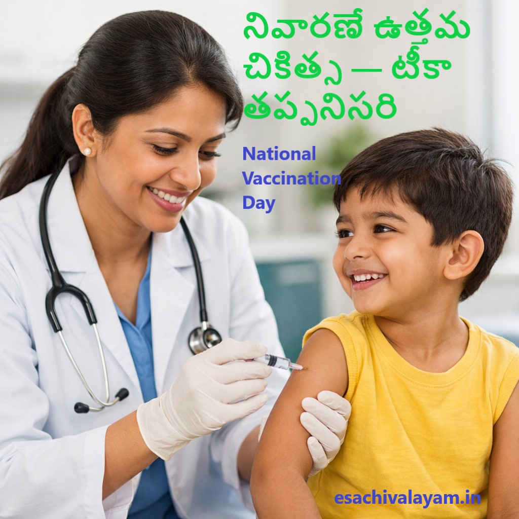 Indian female doctor giving vaccine injection to smiling child in clinic – National Vaccination Day 2026 awareness