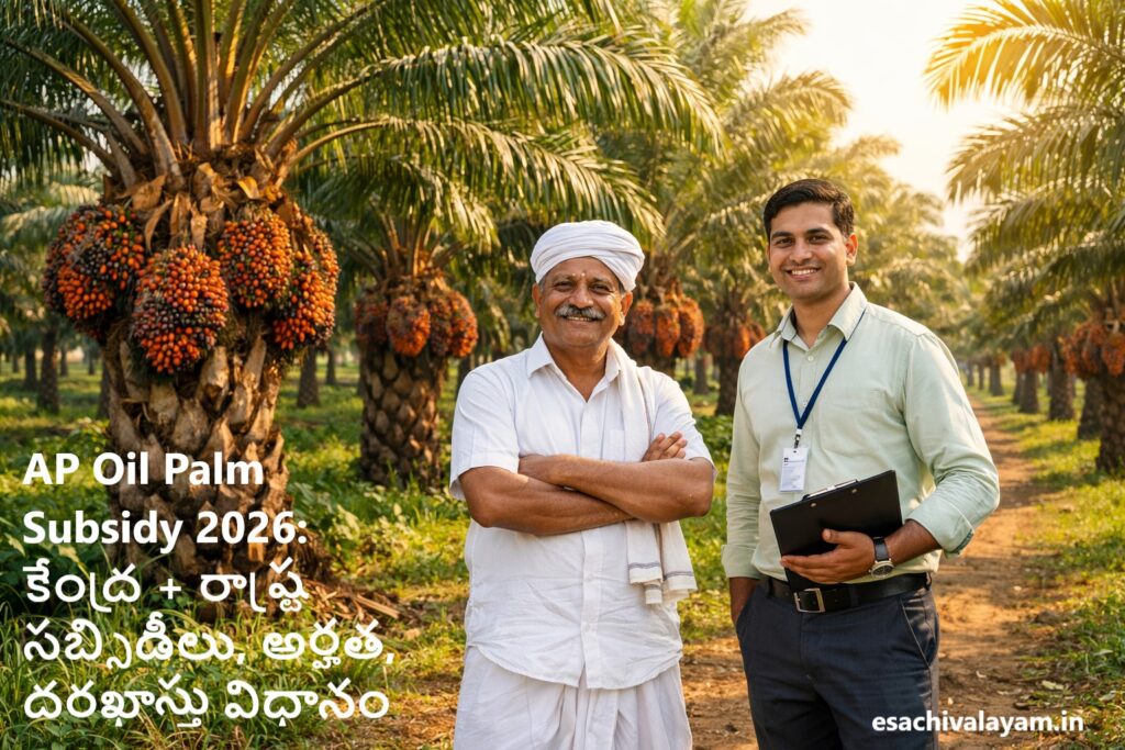 Oil palm plantation in Andhra Pradesh with farmer and agriculture officer – Oil Palm Subsidy AP 2026 scheme