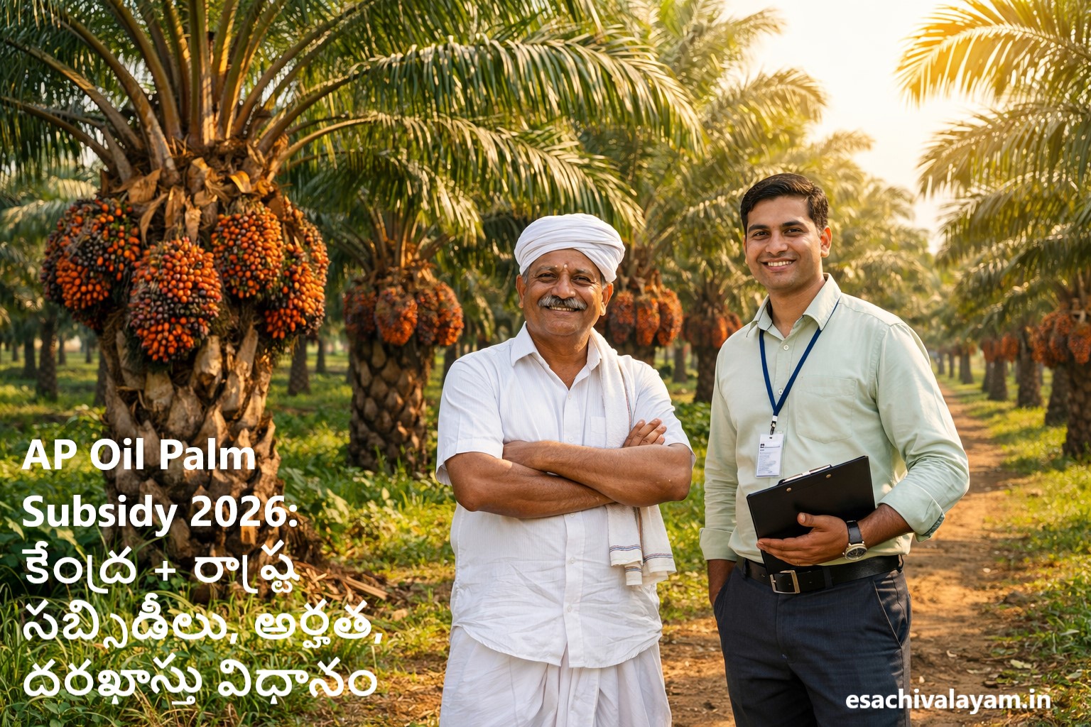 Oil palm plantation in Andhra Pradesh with farmer and agriculture officer – Oil Palm Subsidy AP 2026 scheme