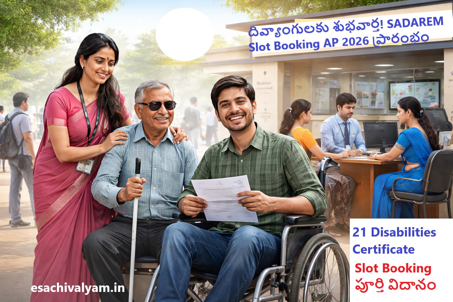 Disabled persons applying for SADAREM Slot Booking AP 2026 certificate at MeeSeva center in Andhra Pradesh with assistance and digital slot booking process
