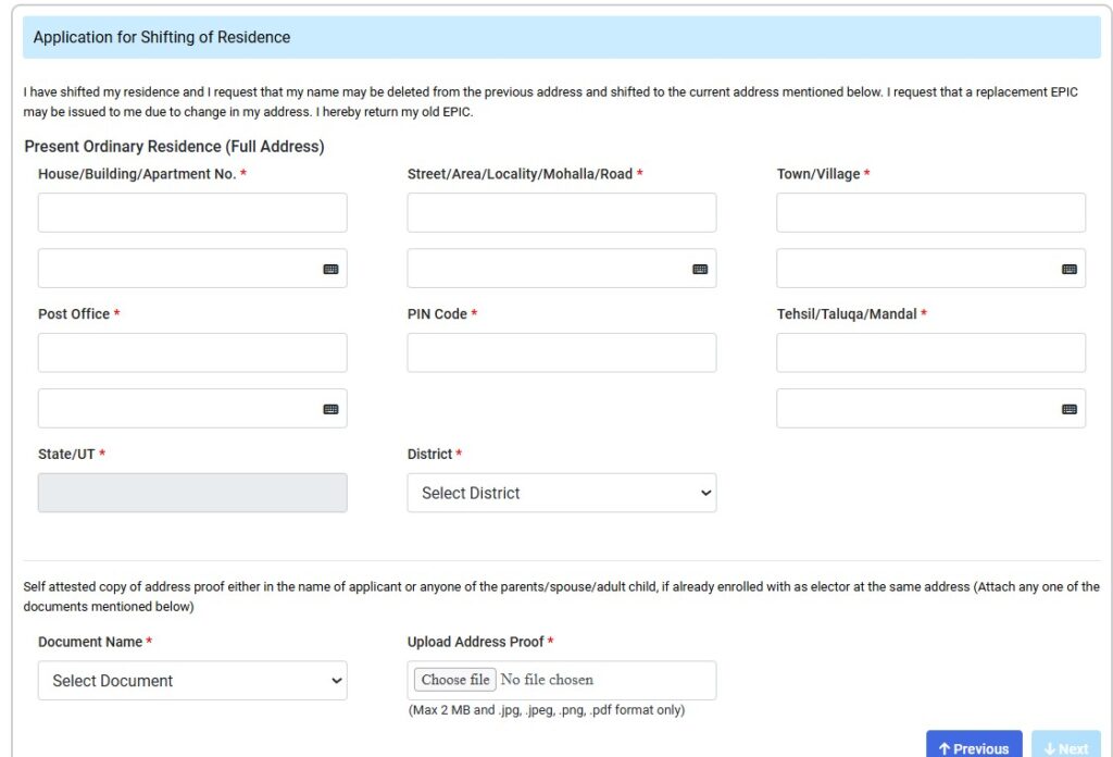 Voter ID Address Change Form 8 Step 6 enter new address and upload address proof document