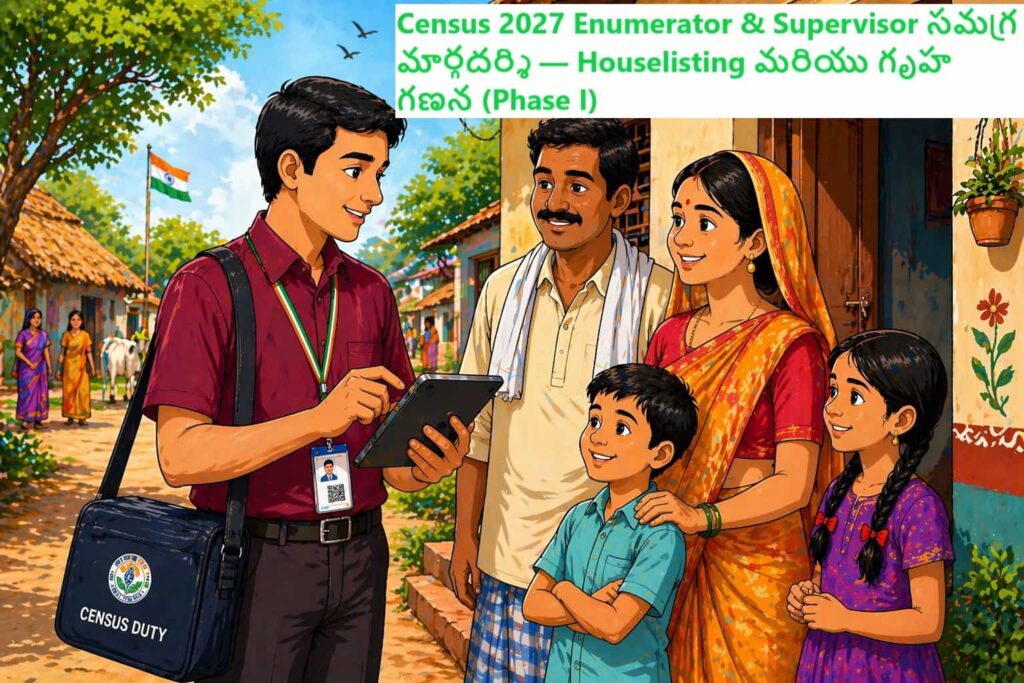 Census 2027 Enumerator Guide Telugu conducting digital Census 2027 survey using tablet while interacting with rural village family in vibrant village setting