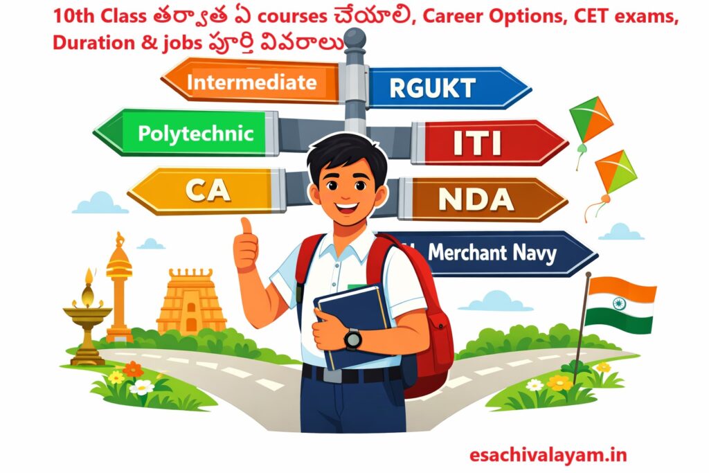 Courses After 10th Class in Telugu – student choosing career paths like Intermediate, Polytechnic, ITI, RGUKT, CA, NDA and Merchant Navy