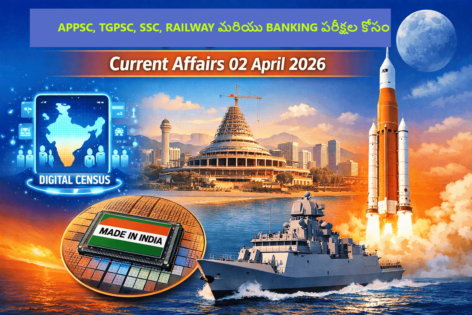 Current Affairs 02 April 2026 Telugu and English news collage featuring digital census India map, Amaravati capital construction skyline, Made in India semiconductor chip, Artemis II NASA Moon mission rocket launch, and Indian Navy warship for UPSC exam preparation