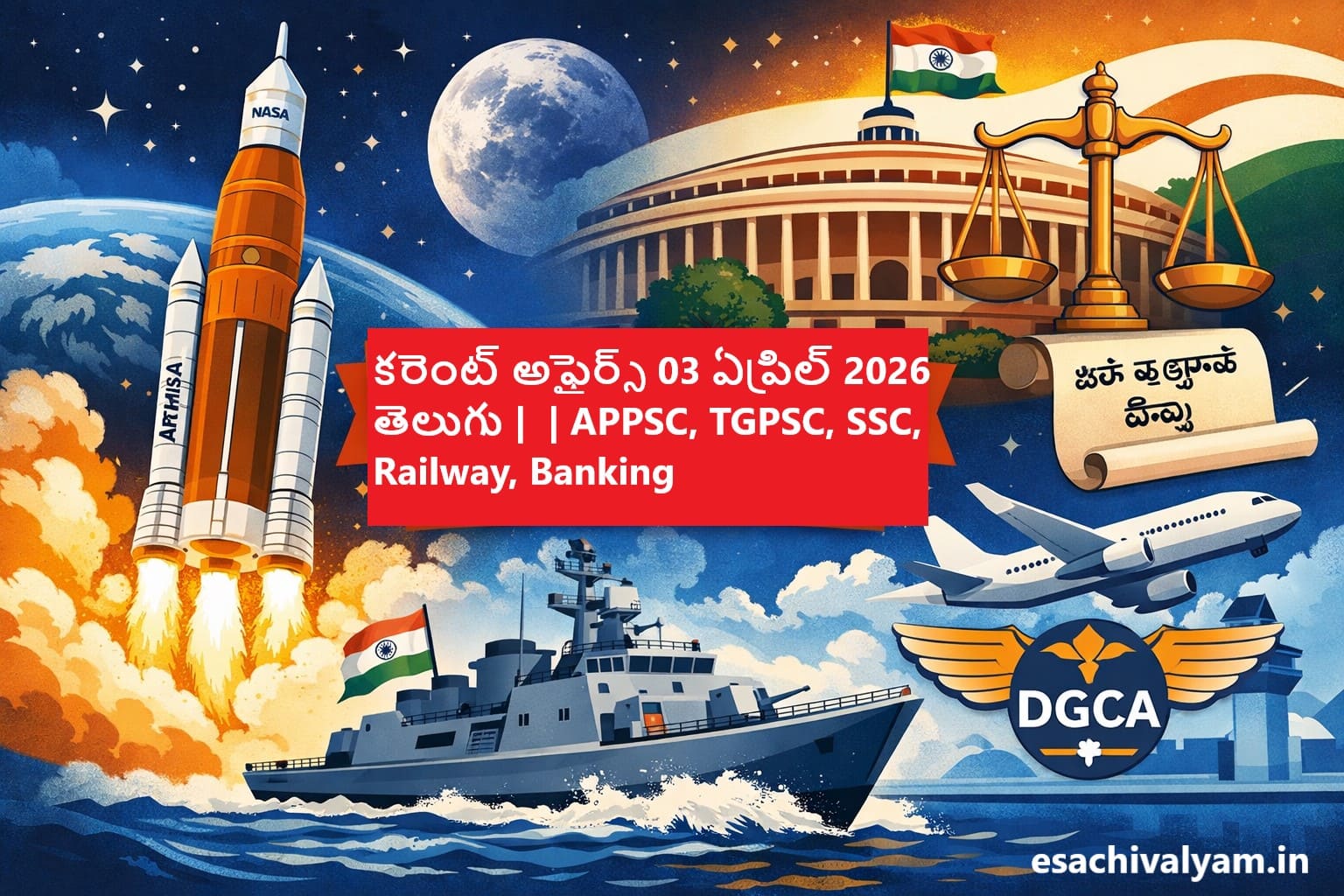 Current Affairs 03 April 2026 Telugu featuring NASA Artemis II rocket launch, INS Taragiri warship, Indian Parliament Jan Vishwas Bill and DGCA aviation updates