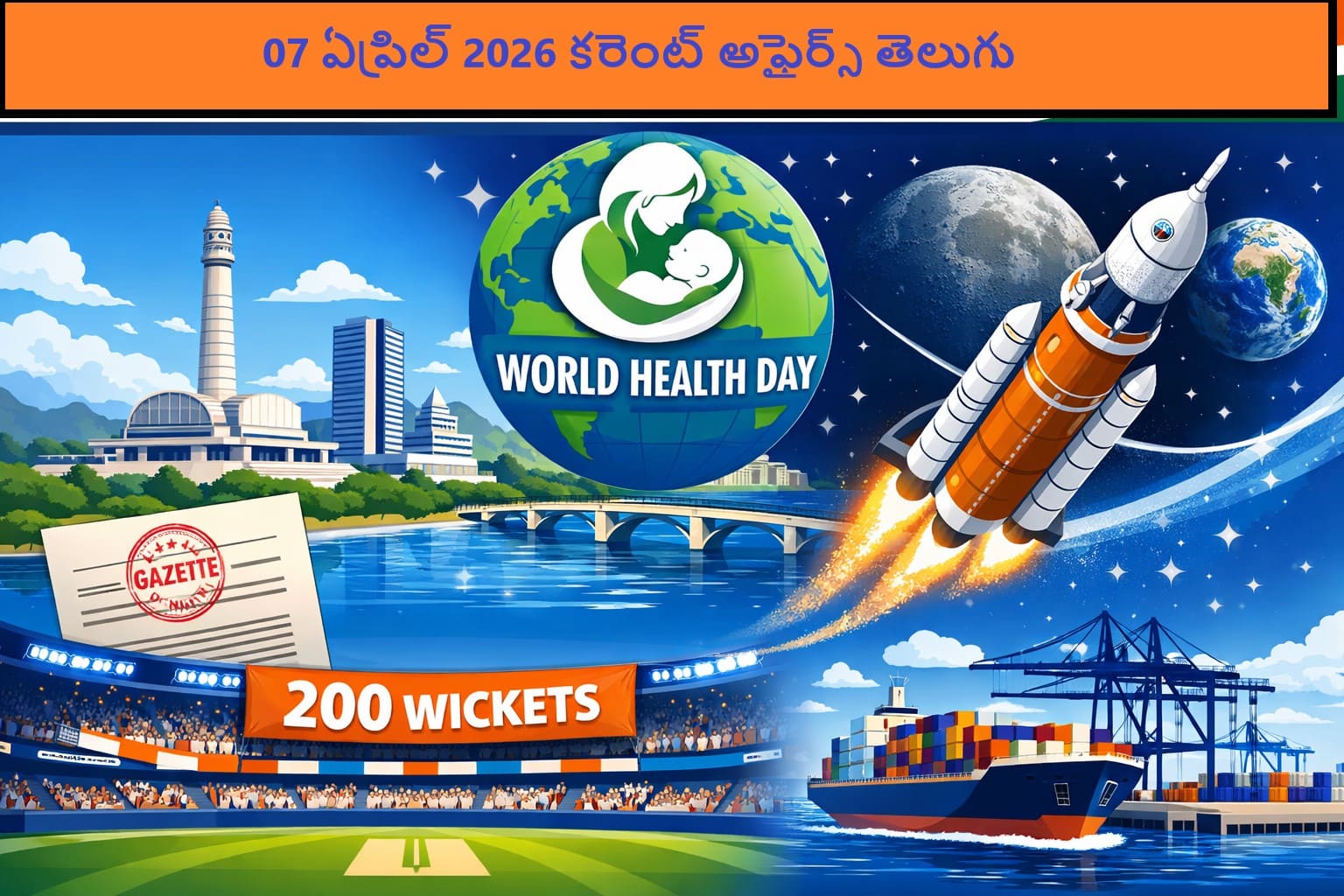 Current Affairs 07 April 2026 in Telugu infographic showing Amaravati skyline, World Health Day theme with mother and newborn, Artemis II rocket near moon, cricket 200 wickets milestone, and Indian port cargo ship scene.