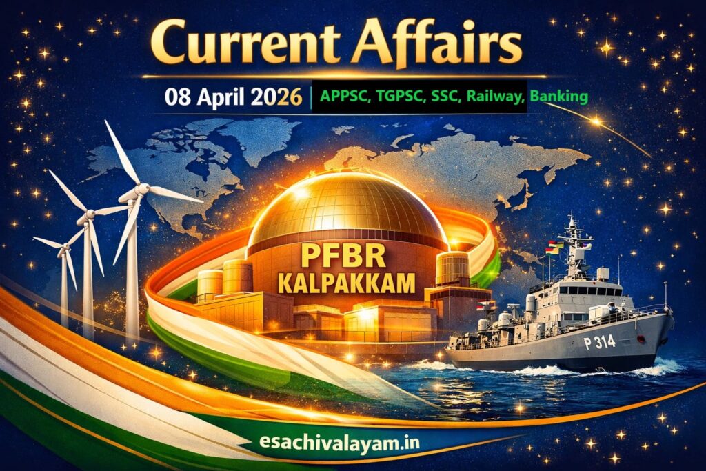 Current Affairs 08 April 2026 Telugu infographic featuring PFBR Kalpakkam nuclear reactor at center, wind turbines, INS Arnala naval warship, world map background, and Indian tricolor elements for UPSC APPSC TGPSC exams.