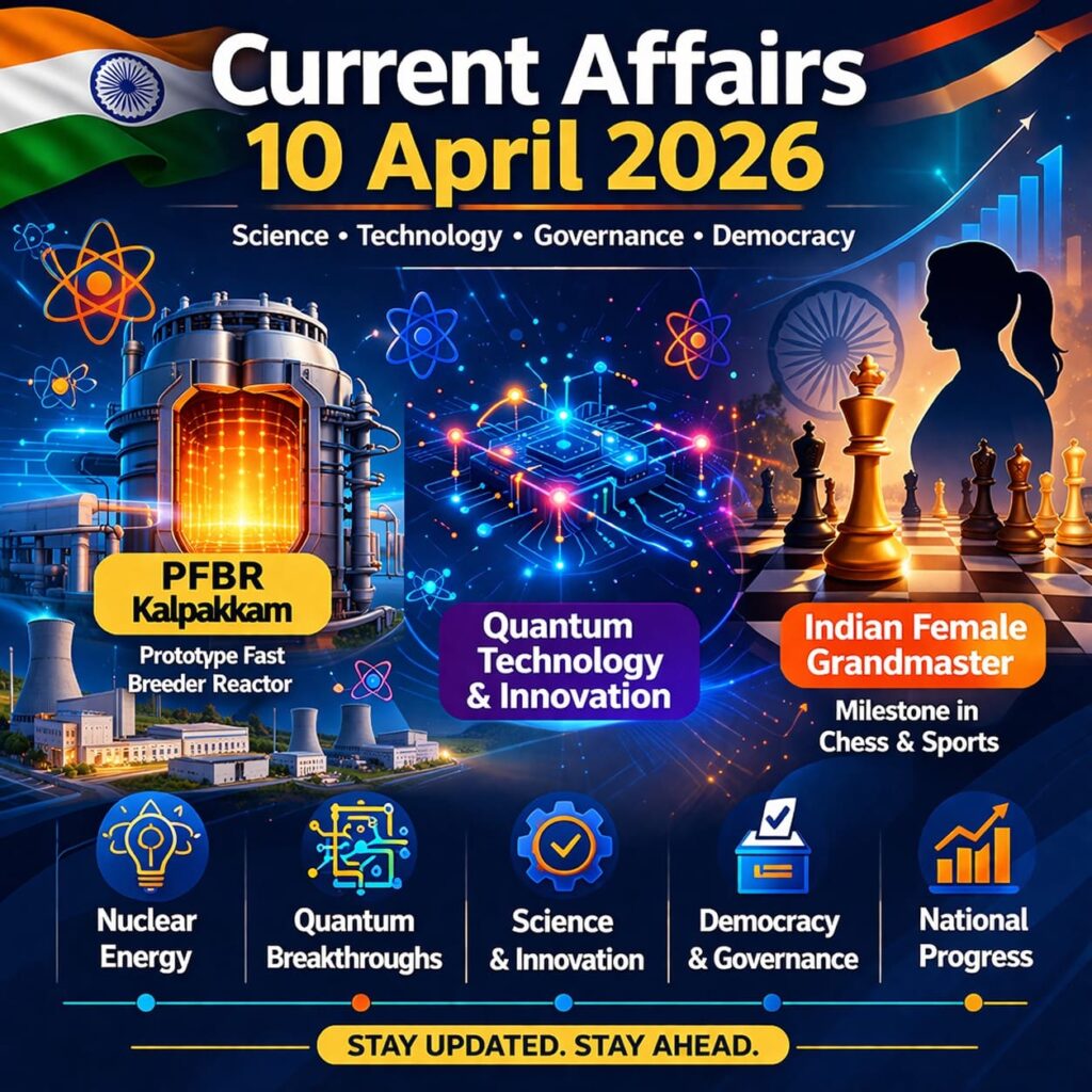 Current Affairs 10 April 2026 Telugu infographic featuring PFBR Kalpakkam, Quantum Technology, Women Chess Grandmaster and India developments