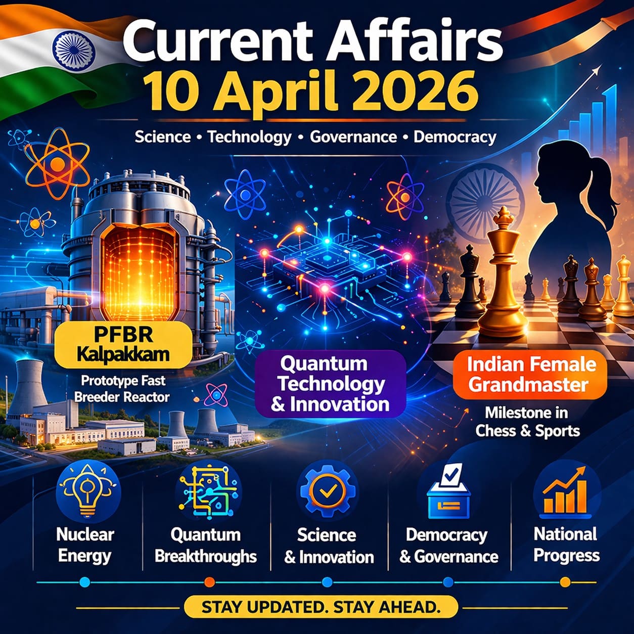 Current Affairs 10 April 2026 Telugu infographic featuring PFBR Kalpakkam, Quantum Technology, Women Chess Grandmaster and India developments