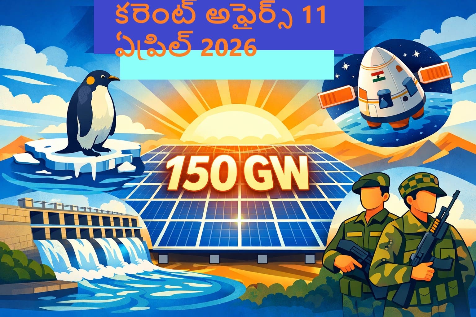 Current Affairs 11 April 2026 Telugu illustration showing 150 GW solar panels, emperor penguin on melting ice, Gaganyaan spacecraft in orbit, Kaleshwaram barrage with flowing water, and CAPF soldiers in blue and saffron theme