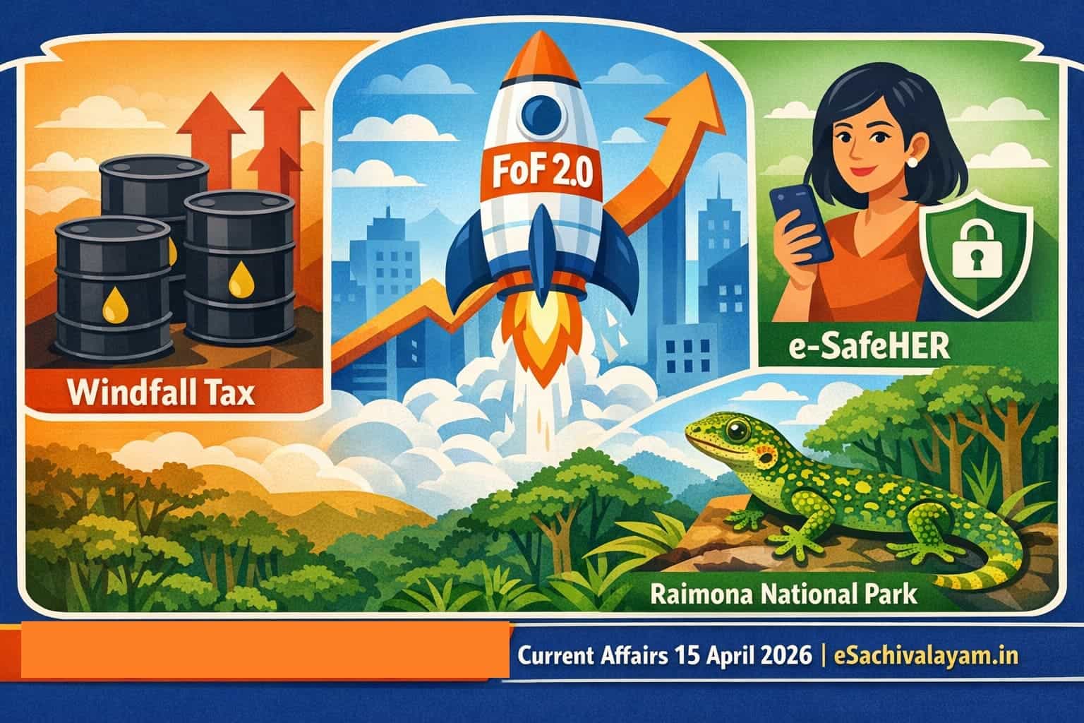 Current Affairs 15 April 2026 Telugu infographic featuring FoF 2.0 startup rocket, windfall tax oil barrels with rising arrows, e-SafeHER cybersecurity concept with woman using smartphone, and Raimona National Park gecko in Assam forest
