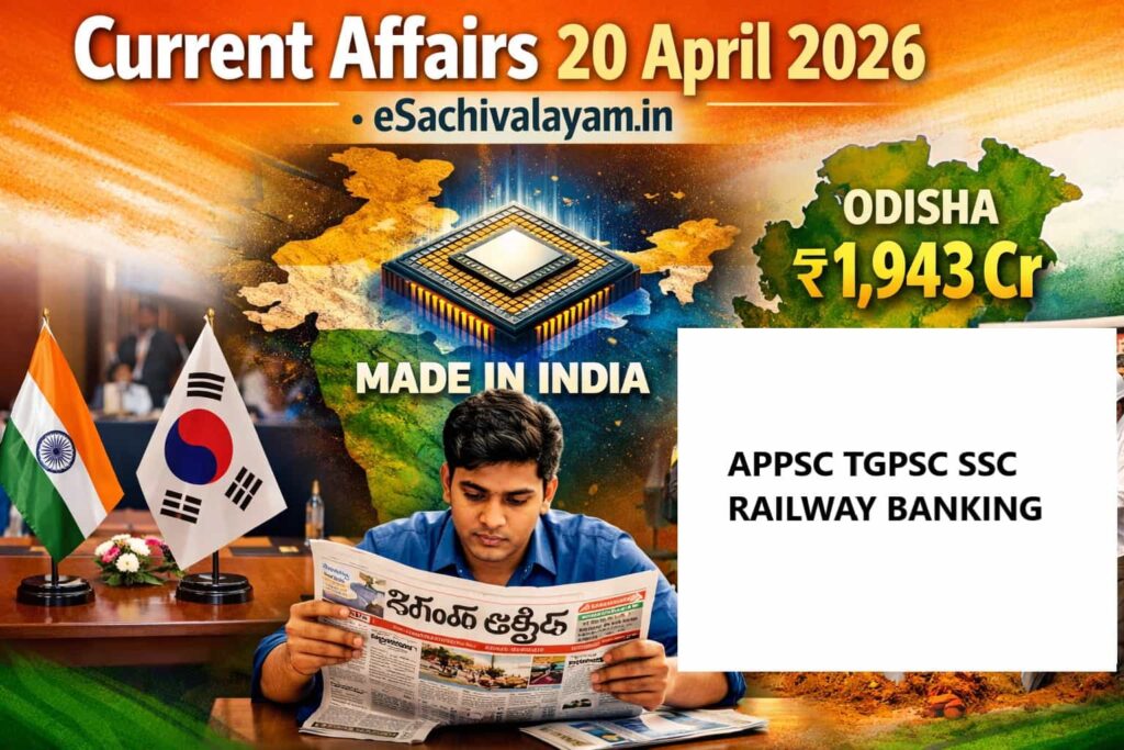 Current Affairs 20 April 2026 Telugu Editorial collage showing India and South Korea flags at a summit, Made in India semiconductor chip on Indian map, student reading Telugu current affairs newspaper, and Odisha ₹1,943 crore groundbreaking ceremony, for Current Affairs 20 April 2026 exam prep thumbnail.